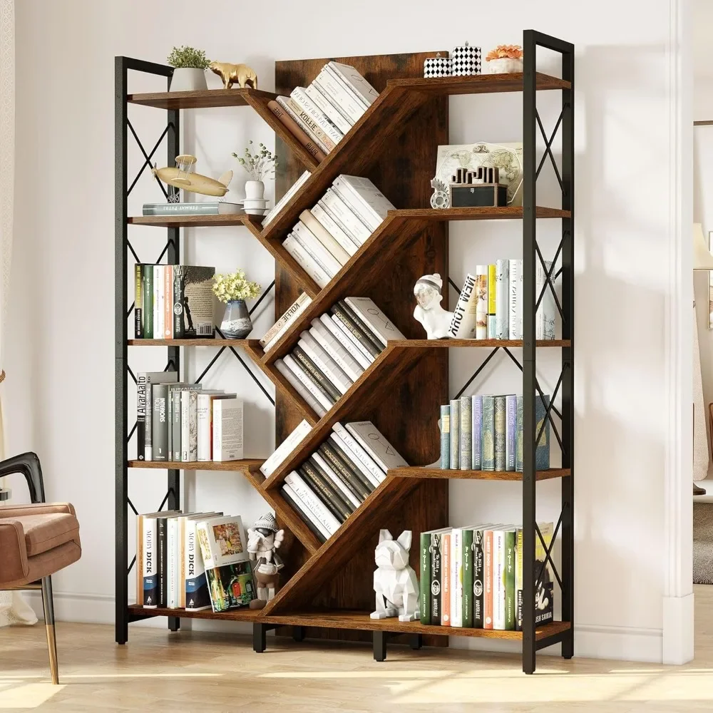 Industriële Boomboekenplank En Grote 5-Tier Boekenkast, 70.8 "H Hoge Staande Boekenplanken Organizer Display Rack