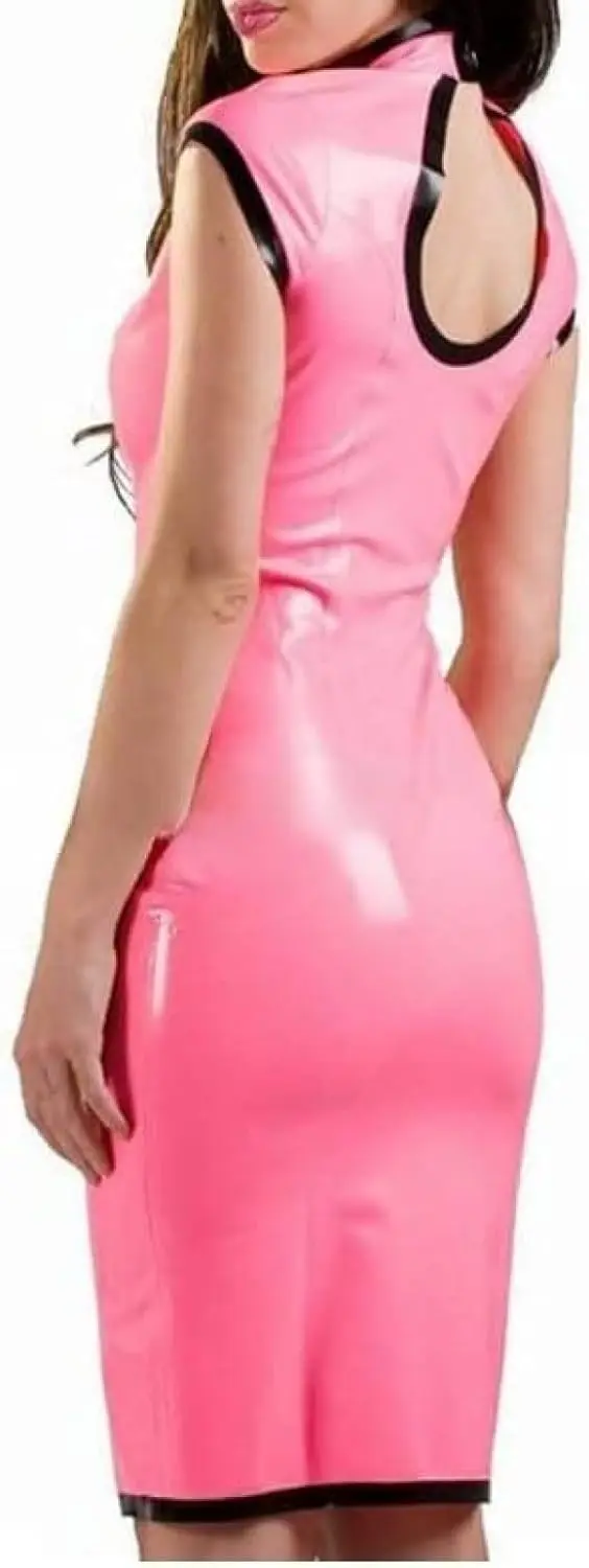 

Pink and Black Sexy Latex Dress with Buttons at Neck Rubber Bodycon