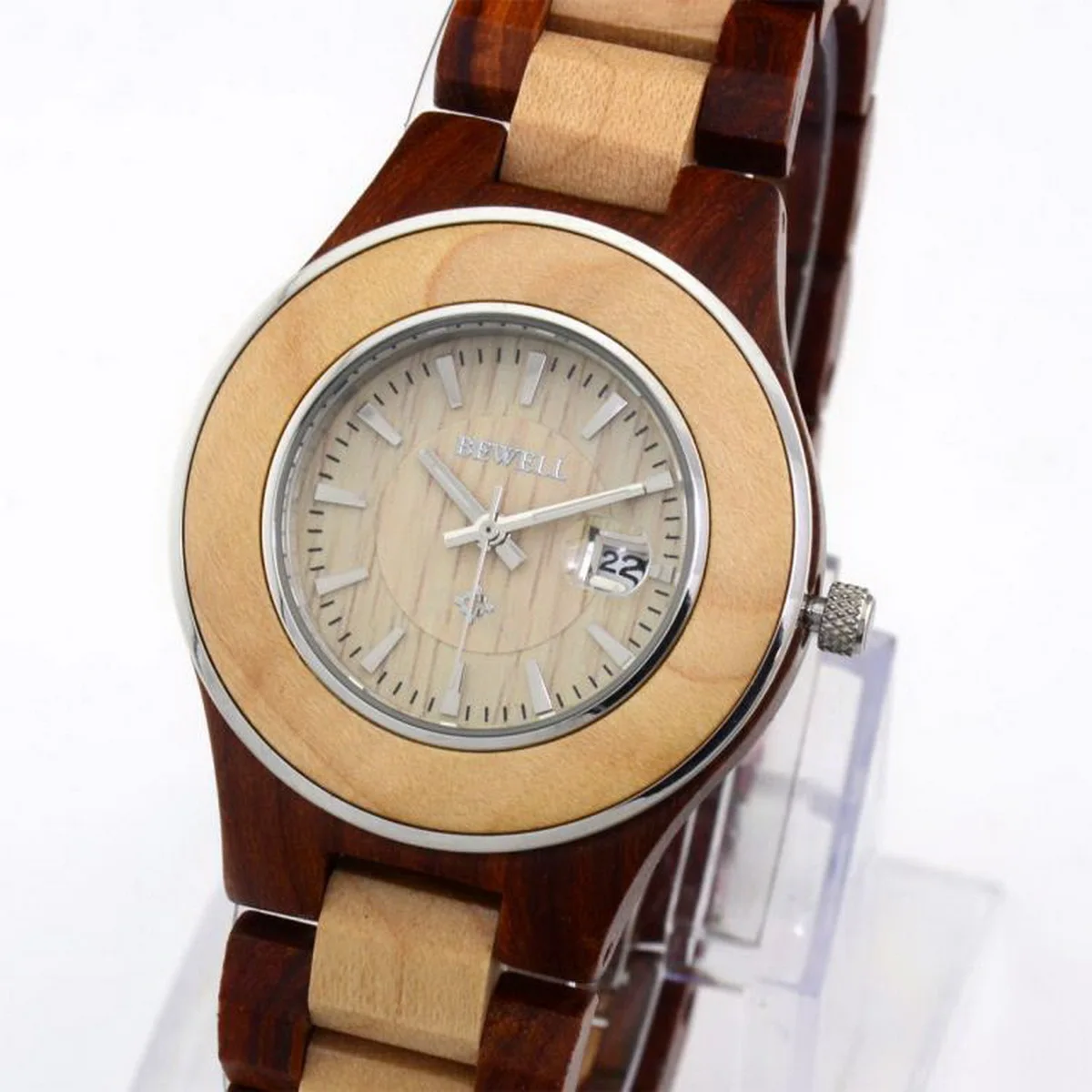 Sandalwood Maple Stainless Steel Ring Dial Brand Calendar Women Girl Quartz Wooden Dress Watches