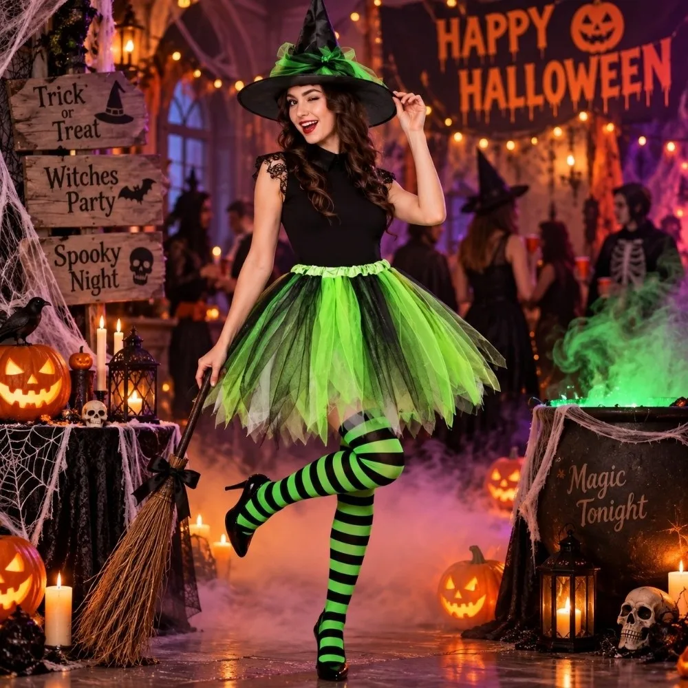 Show Outfit Striped Socks Witch Tutu Skirt Set Party Fancy Dress Halloween Witch Costume Outfit Wizard Cosplay Set Carnival