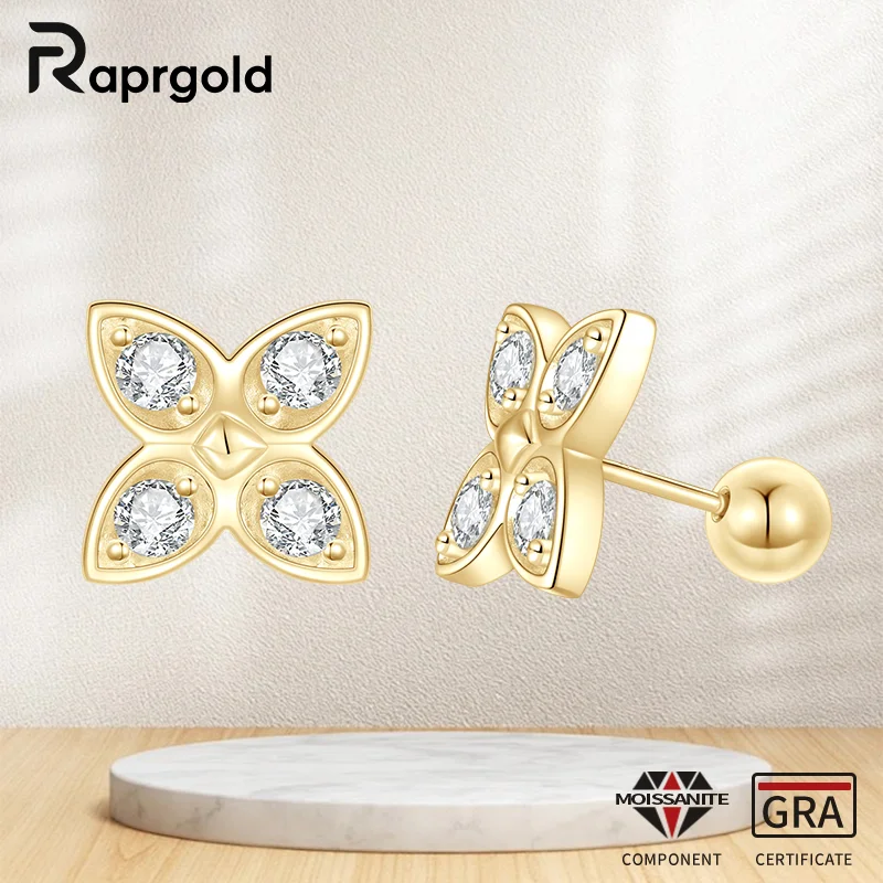 

RAPRGOLD GRA Certified Round Moissanite Screw Piercing Flower Stud Earrings for Women S925 Sterling Silver Wedding Jewelry Gifts