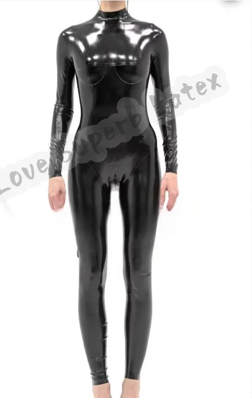 3D เต้านม Handmade น้ํายางธรรมชาติคลาสสิกสีดําผู้หญิง Catsuit ด้านหลังซิปด้านหน้า Latex รสกัวเม่เครื่องราง Lady's ชุดบอดี้สูท