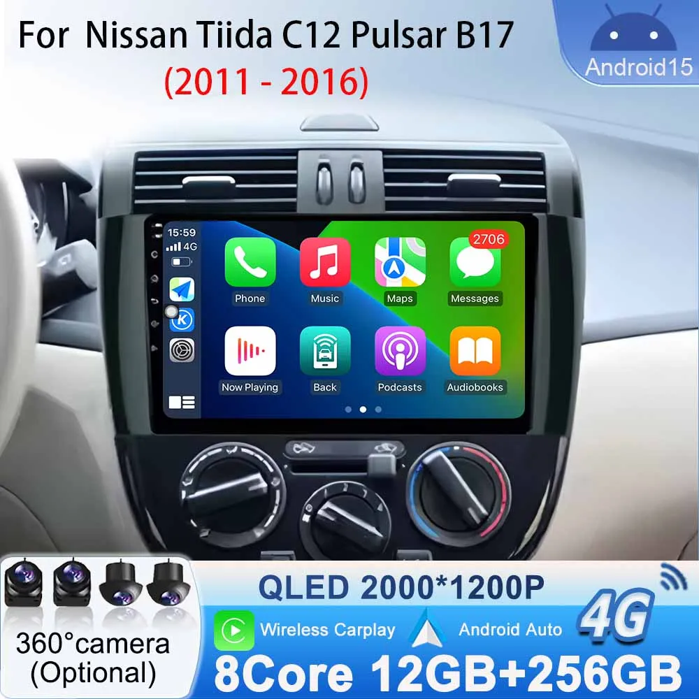 Radio Stereo Touch Screen for Nissan Tiida C12 Pulsar B17 2011- 2016 Android 15 Car Multimedia Video Player Carplay Android Auto