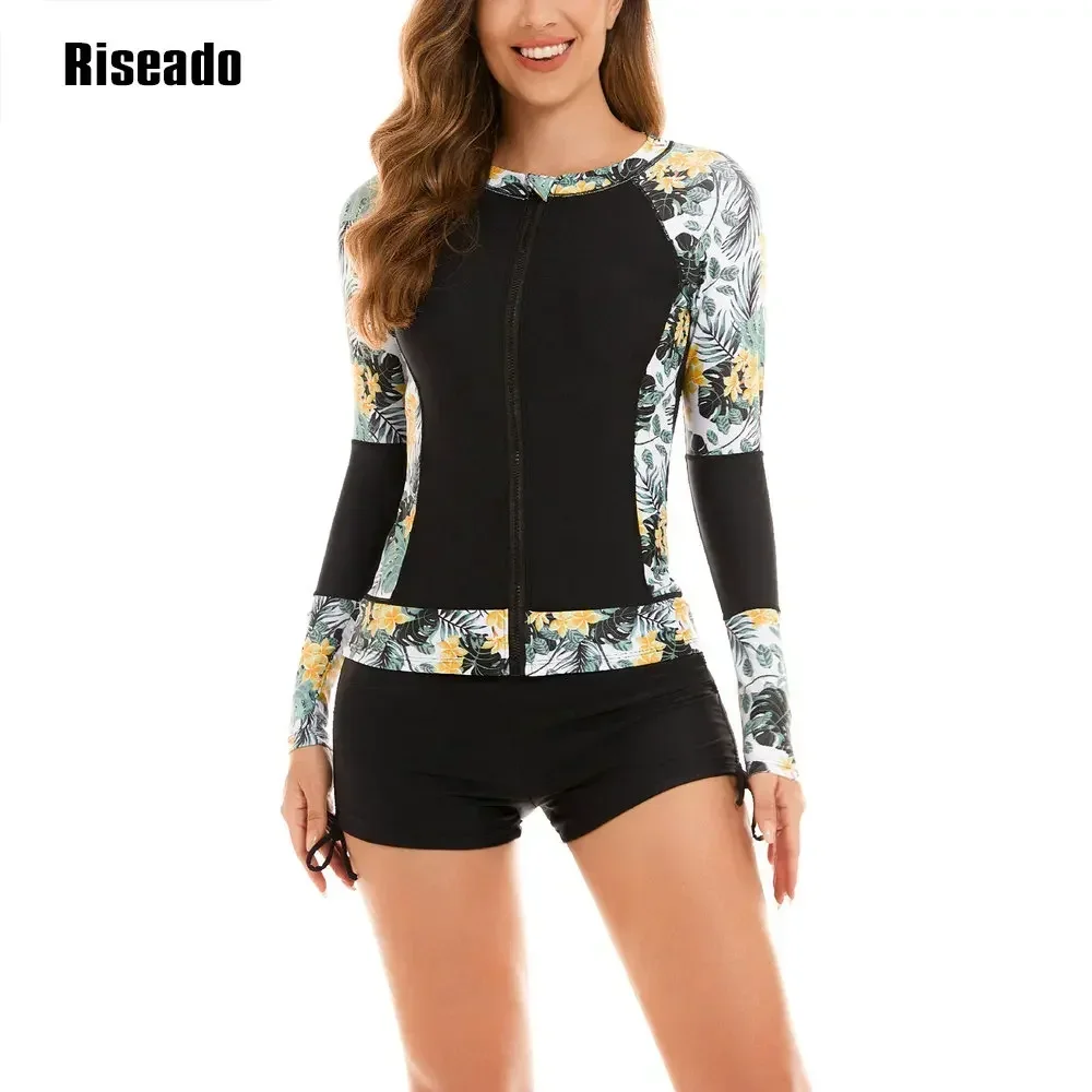 2025 Nueva tendencia 2 piezas Rash Guard para mujer, manga larga con pantalones cortos UPF 50+ traje de baño para surf