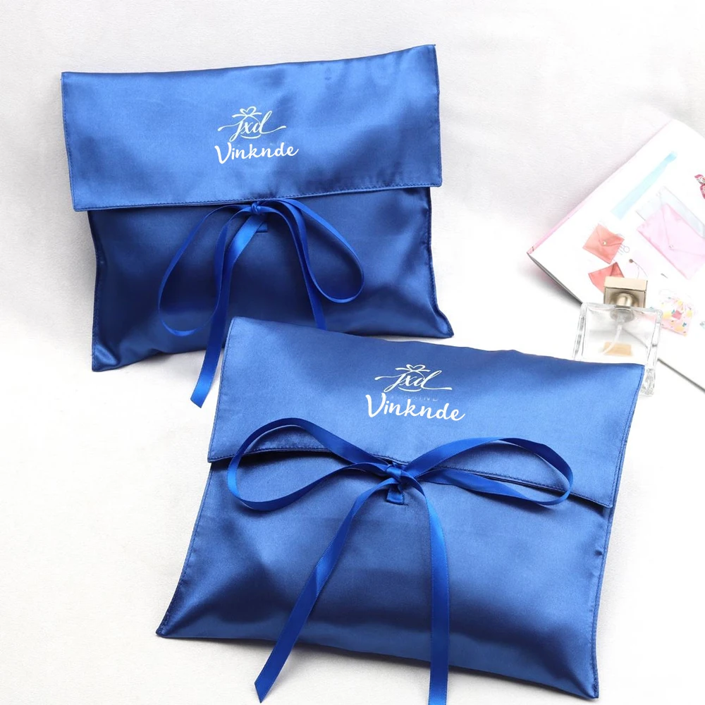 Logotipo de marca personalizado, sobre de satén, bolsa para ropa, bolsa con cinta, paquete de pelo de lujo reutilizable, bolsa de seda azul polvo para bolso cosmético