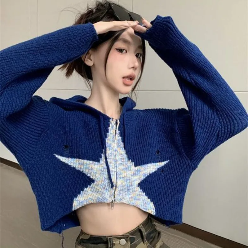 Hip Pop Y2k Star Zipper Hoodies Women Short Knit Cardigan Autumn Korean Fashion Long Sleeve Sweater Female Clothing Trendy 2024