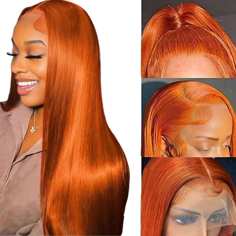 13x4 شعر مستقيم 180% كثافة البرازيلي شعر بشري لعذراء للنساء 350 الزنجبيل البرتقالي الدانتيل الجبهة الباروكات #1