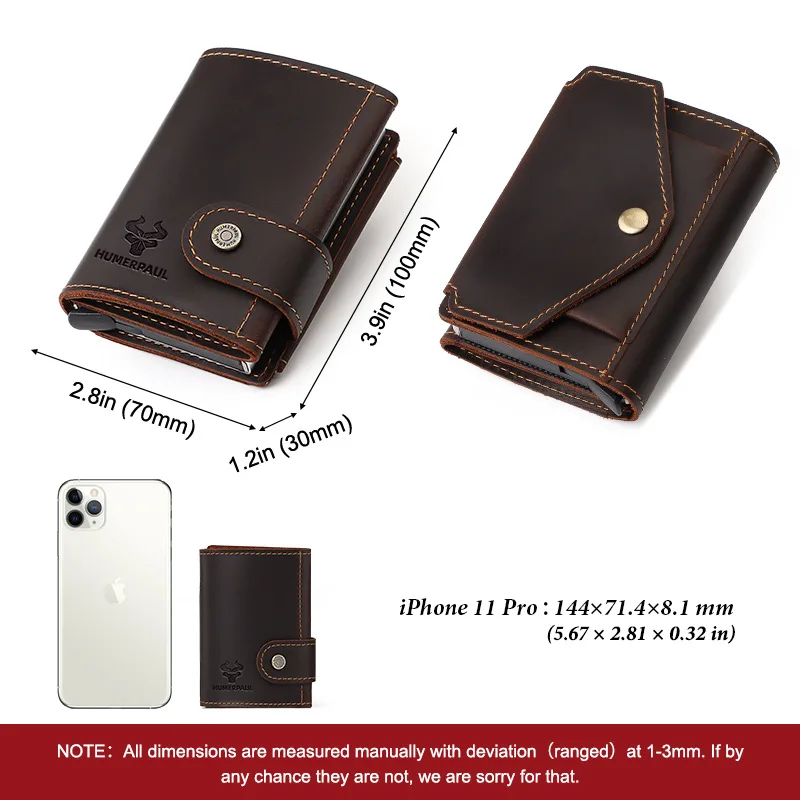 Crazy Horse Leather Coin Purse With Auto Card Dispenser Metal Case Top Grain Genuine Leather Men's Credit Card Holder