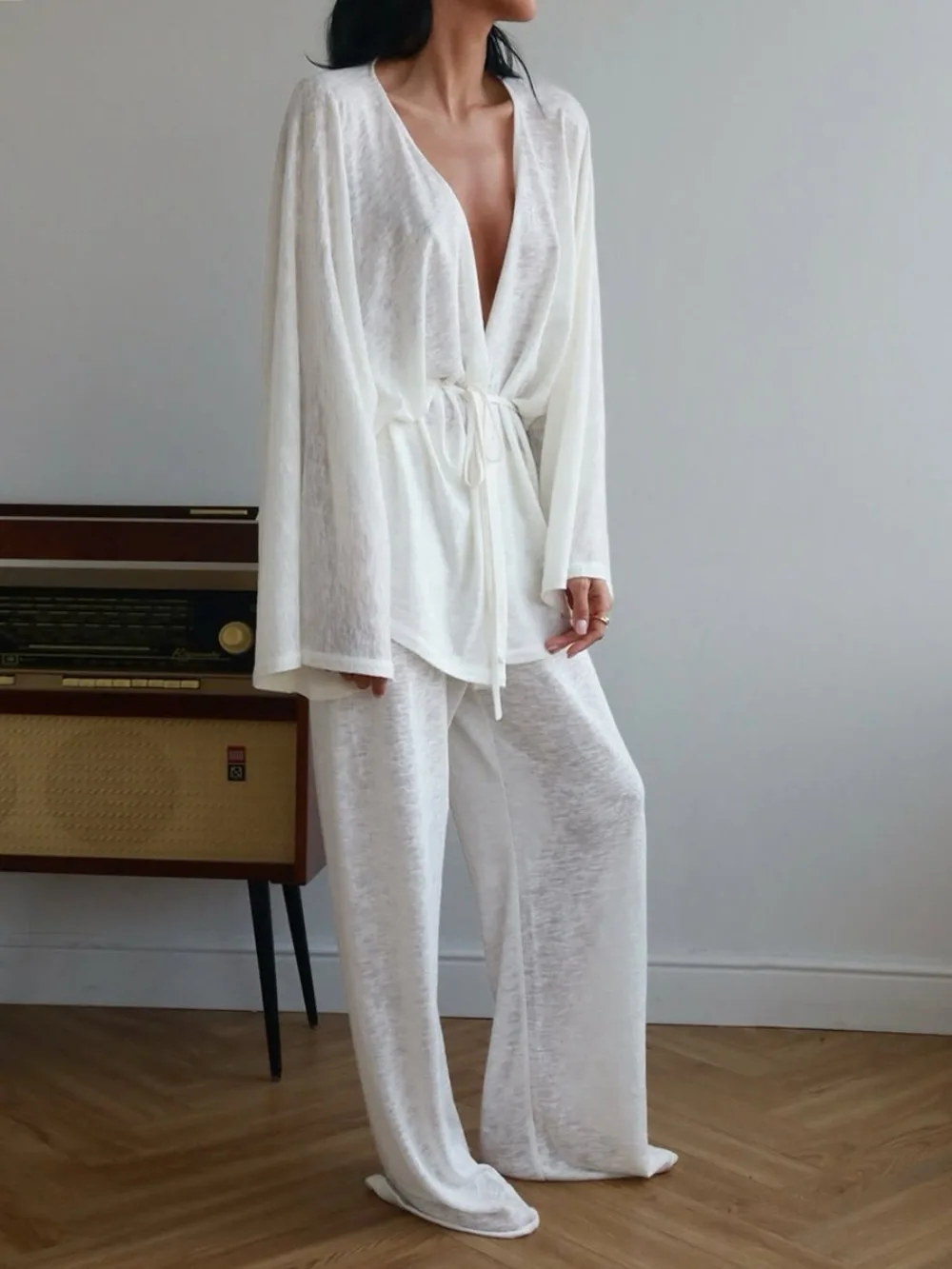 Faul Stil Modal Pyjama Anzug Herbst und Winter Frauen Einfache Feste Lose Weiche Warme Casual Lace Up Strickjacke Breite Bein Hosen 2 stücke