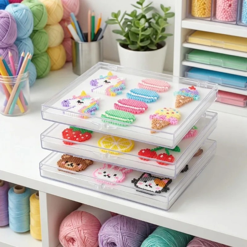 Unfinished Perler Beads Board Organizer Desktop Figurines Shockproof Storage Box Decoration Home Crafts Case Display Showcase