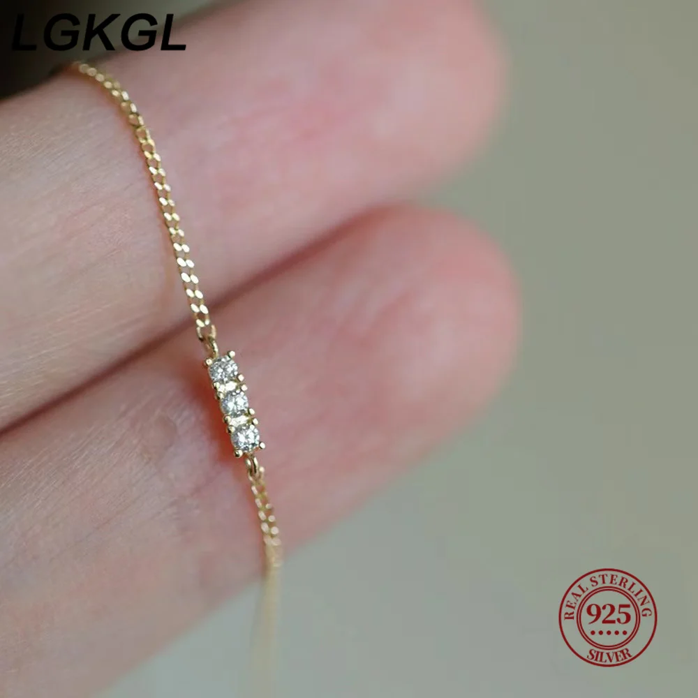 

LGKGL 100% 925 sterling silver bracelet plated with 14K gold three diamonds inlaid with zircon, daily versatile hand jewelry