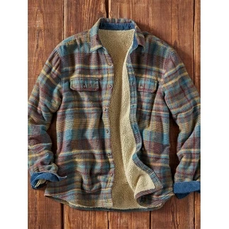 

Retro Plaid Long Sve Men's irt Coat Warm Fce Youth Loose Fit Print Fabric Other Material 00% Fall Winter Faion