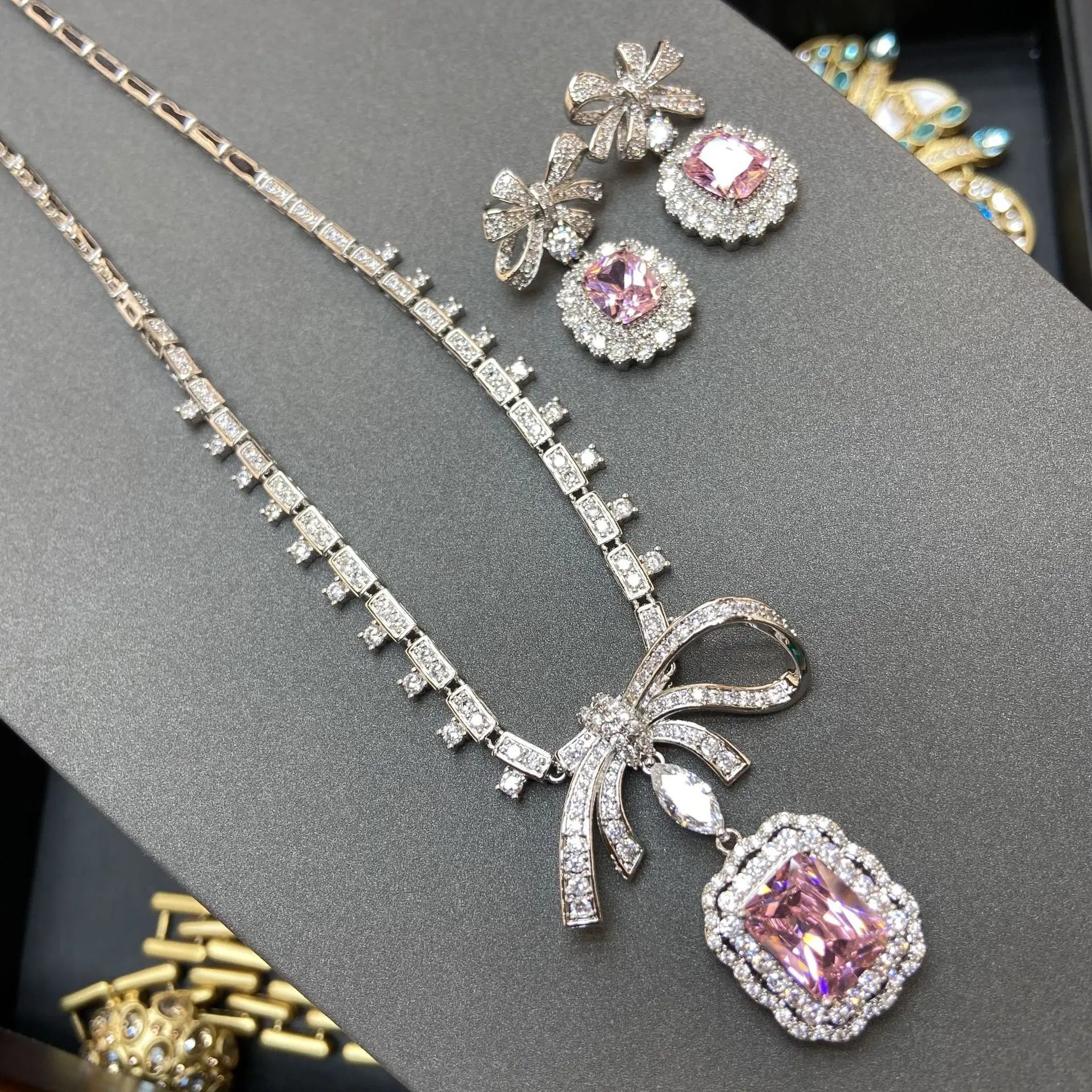 

pink silver color jewelry set 2pcs earrings necklace women girl cute shiny zircon wedding bridal necklace earrings bowknot