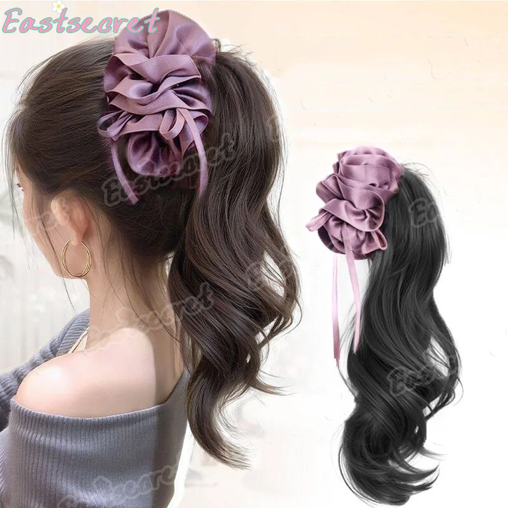 

EAST Элегантный синтетический шелковый бант с банановым когтем, хвостик, парик с зажимом, длинный волнистый многослойный хвост для женщин, ежедневное использование