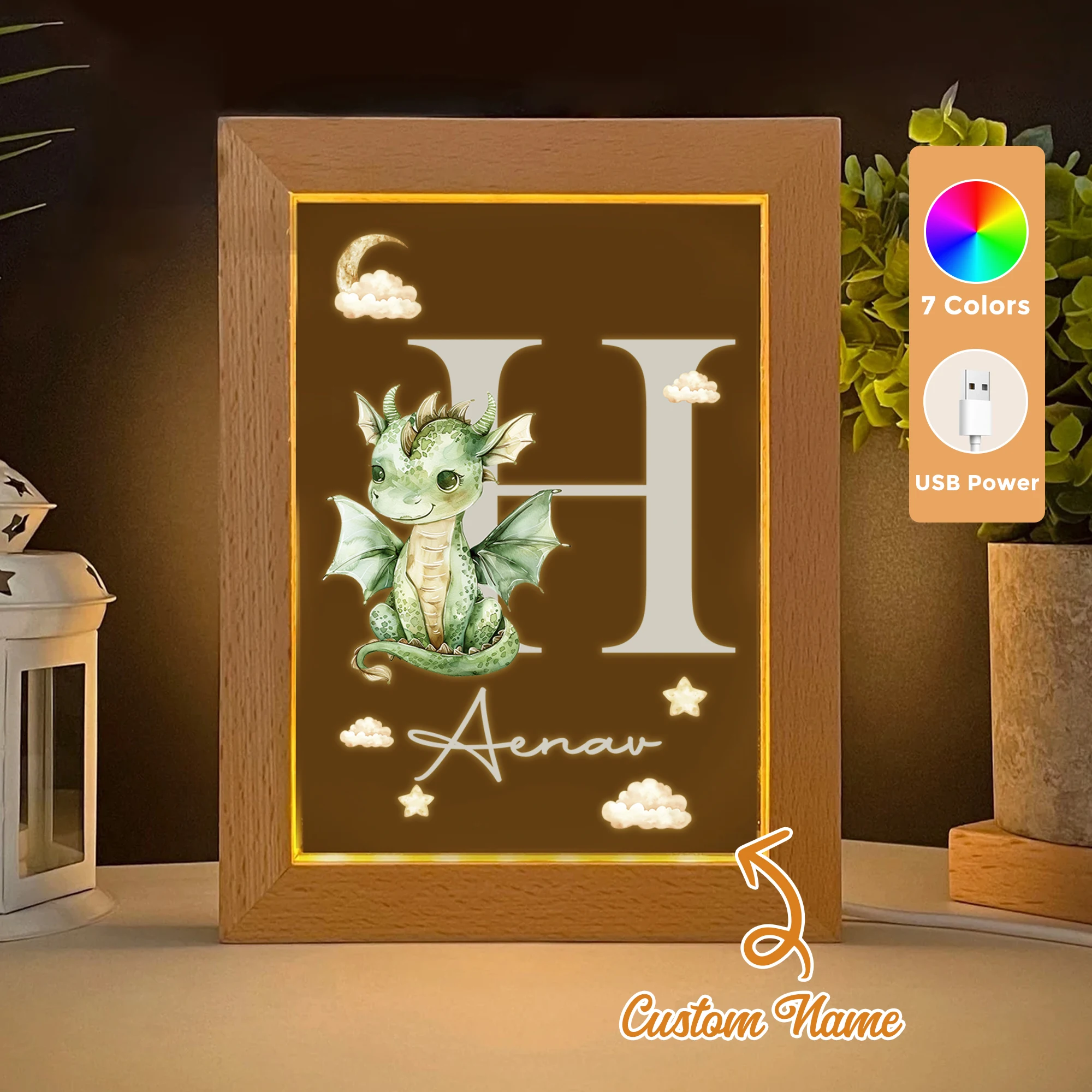 

2D Flat Custom Name Dinosaur LED Acrylic Night Light Wood Photo Frame 21x17cm Cartoon Children Bedroom Gifts Home Decor Gift