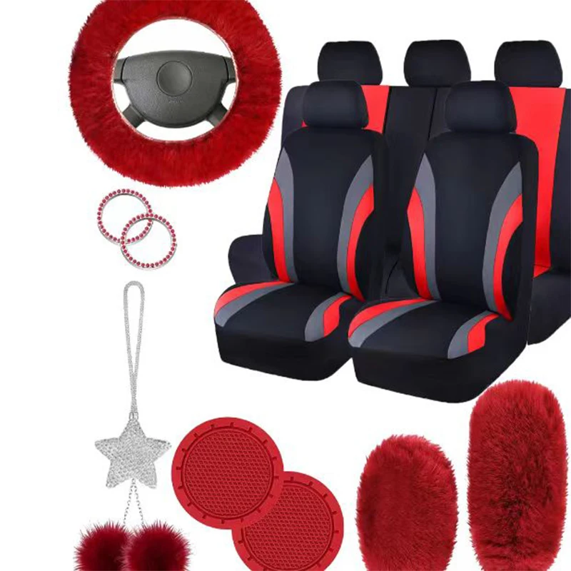 17pcs Set Dynamic Trend Car Seat Cover Set Elastic Universal Seat  Protector Men Women Fluffy Steering Wheel Cover Auto Interior