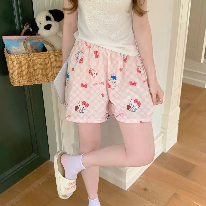 

Женские летние шорты Hello Kitty из пушистого хлопка свободного кроя с милым мультяшным принтом, удобные для дома и отдыха на природе