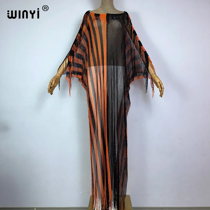 

WINYI Color matching summer Hollow knit sexy tassels long dress Elegant Bikini Cover-ups Women Beachwear Swimsuit Covers dress