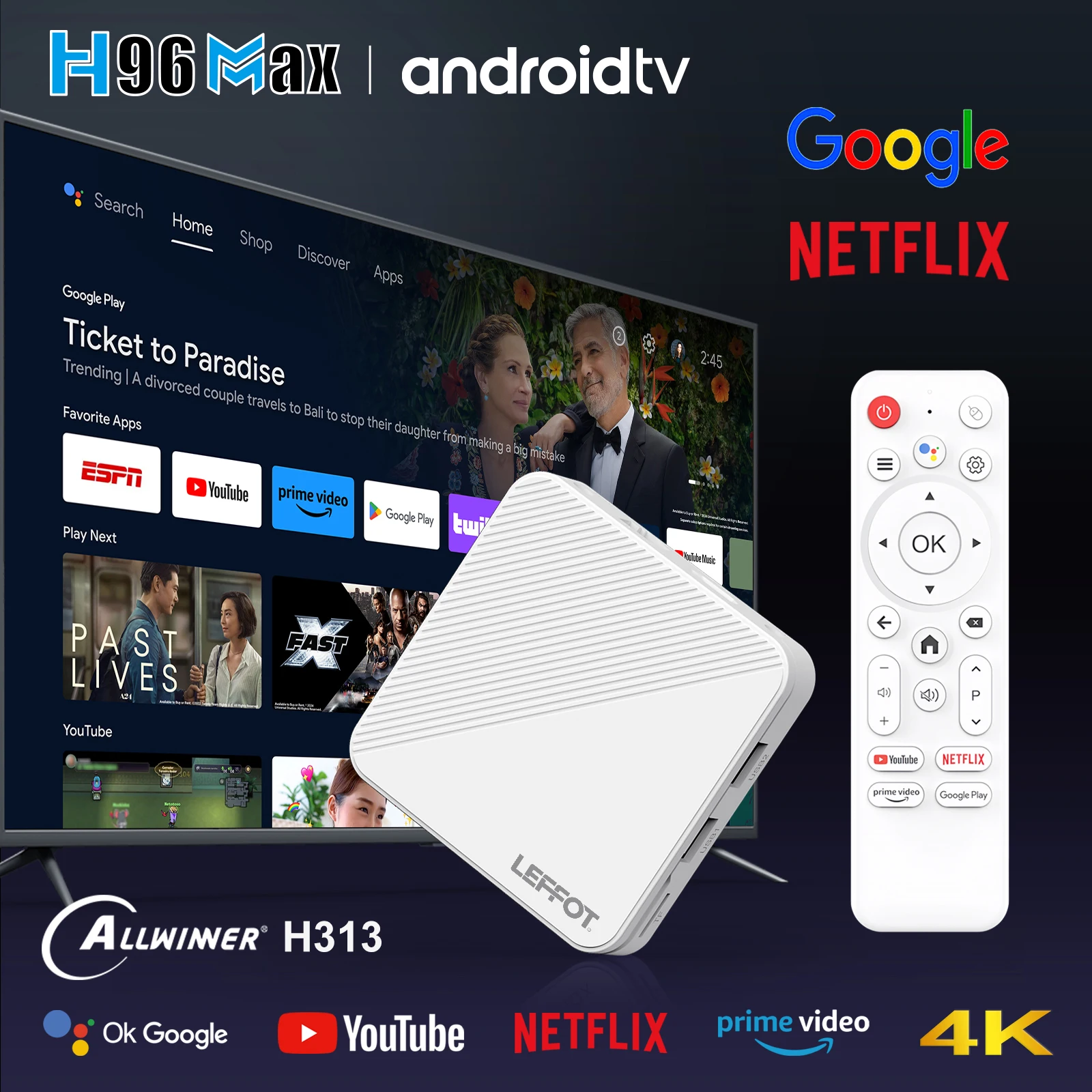 LEFFOT H313 Android 14 صندوق التلفزيون الذكي ATV TV Box 4K @ 60fps 100M/LAN Wifi6 BT5.0 Google Voice Assistant Media Player Set Top Box
