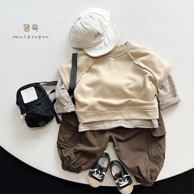 Boys Spring Solid Cargo Pants Fashion Loose Versatile Sports Trousers Children Girls Vintage Boutique Cotton Bind Feet Pants