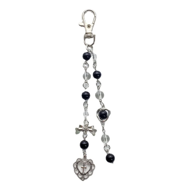Black Clear Bead Keychain Cool Y2K Phone Charm Girls Bowknot Heart Keychain Handmade DIY Accessories