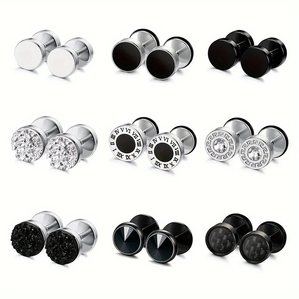 Sophisticated Faux Gauge Stud Set: 9 Pairs Hypoallergenic 316L Steel, Men’s Earrings with Zirconia Sparkle of gifts for friends