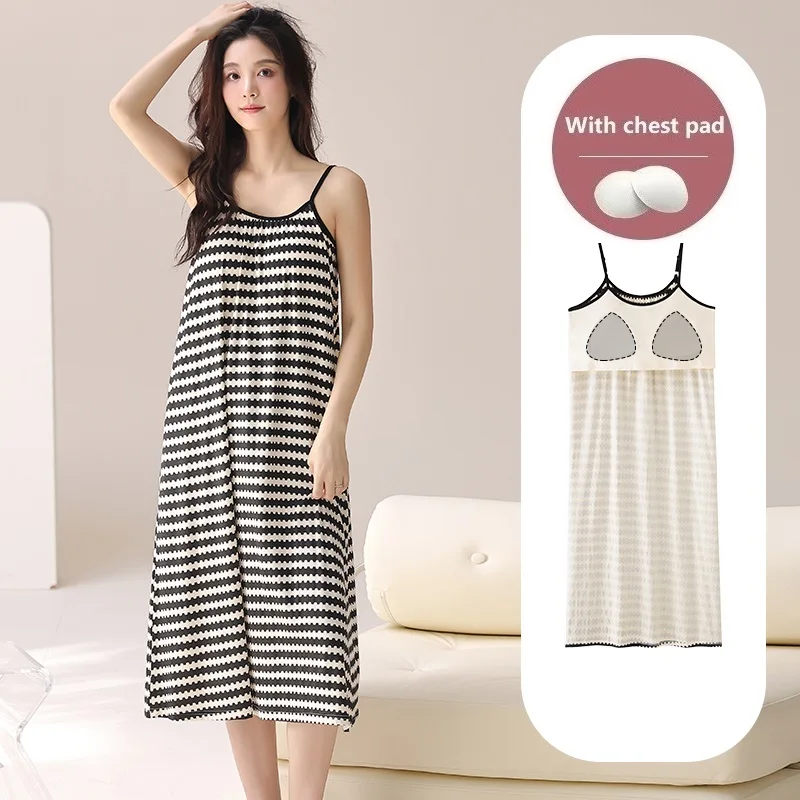 

Female Fashion Print Nightgown With Chest Pads Homewear Summer Sleeveless Women Sling Sleepwear Shirt Sexy Suspender Nightshirt