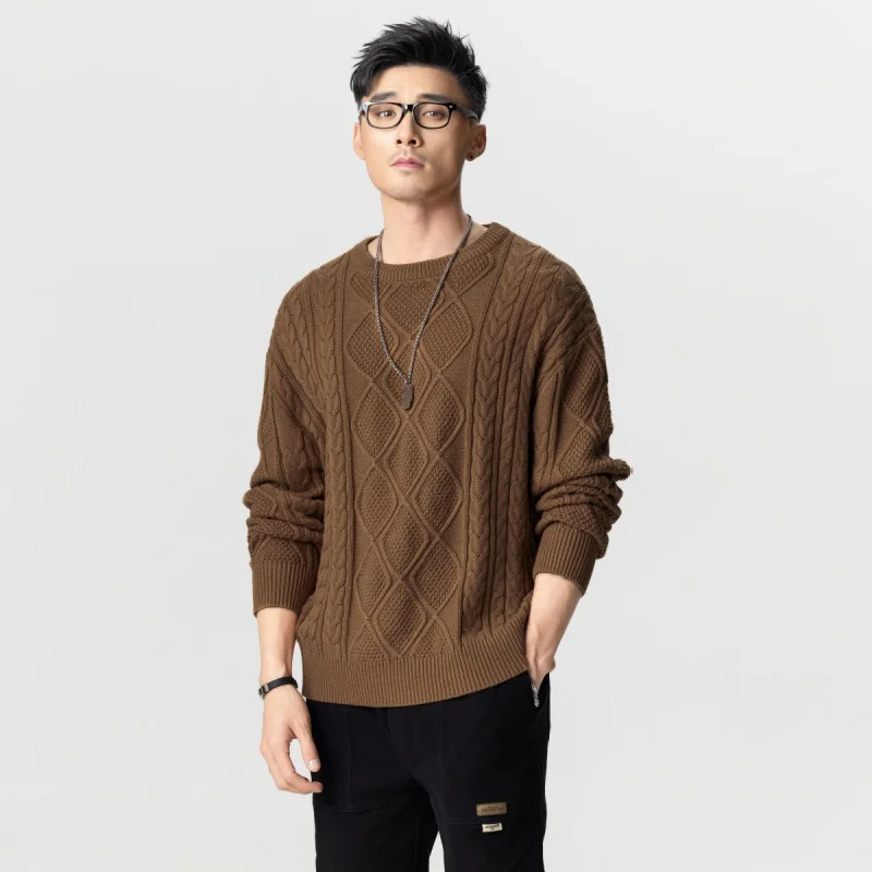 American retro knit sweater men loose round neck men twisted casual tops lazy wind versatile Large size sweater