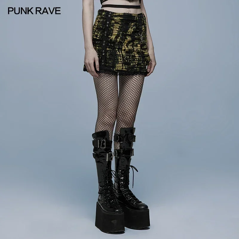 PUNK RAVE Women's Gothic Decadent Knitted Texture Broken Holes Skirt Punk Sexy Mini Skirts Black-yellow Cross Decal Decoration