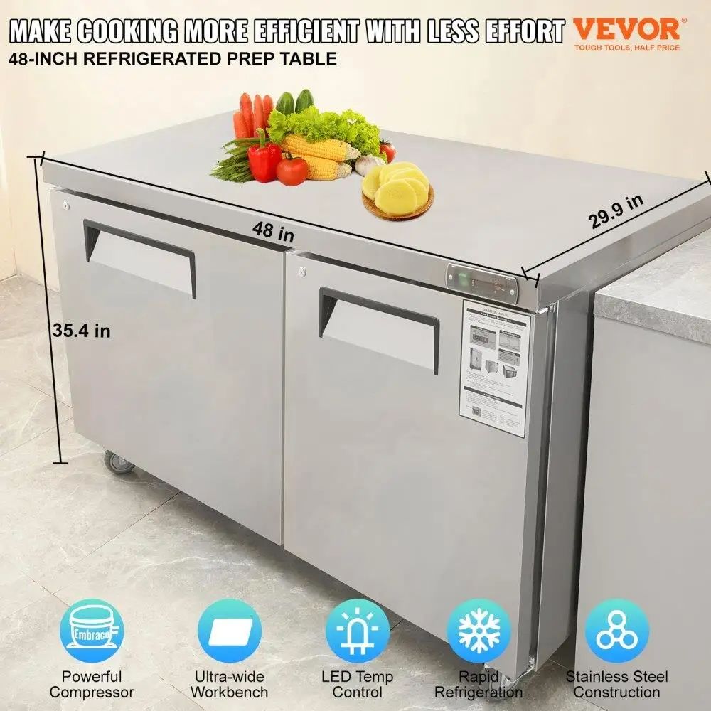 48 นิ้วสแตนเลสภายใต้เคาน์เตอร์ตู้เย็น 12.85 Cu Ft 2 ประตู Prep Station พร้อมล็อคสําหรับร้านอาหารบาร์