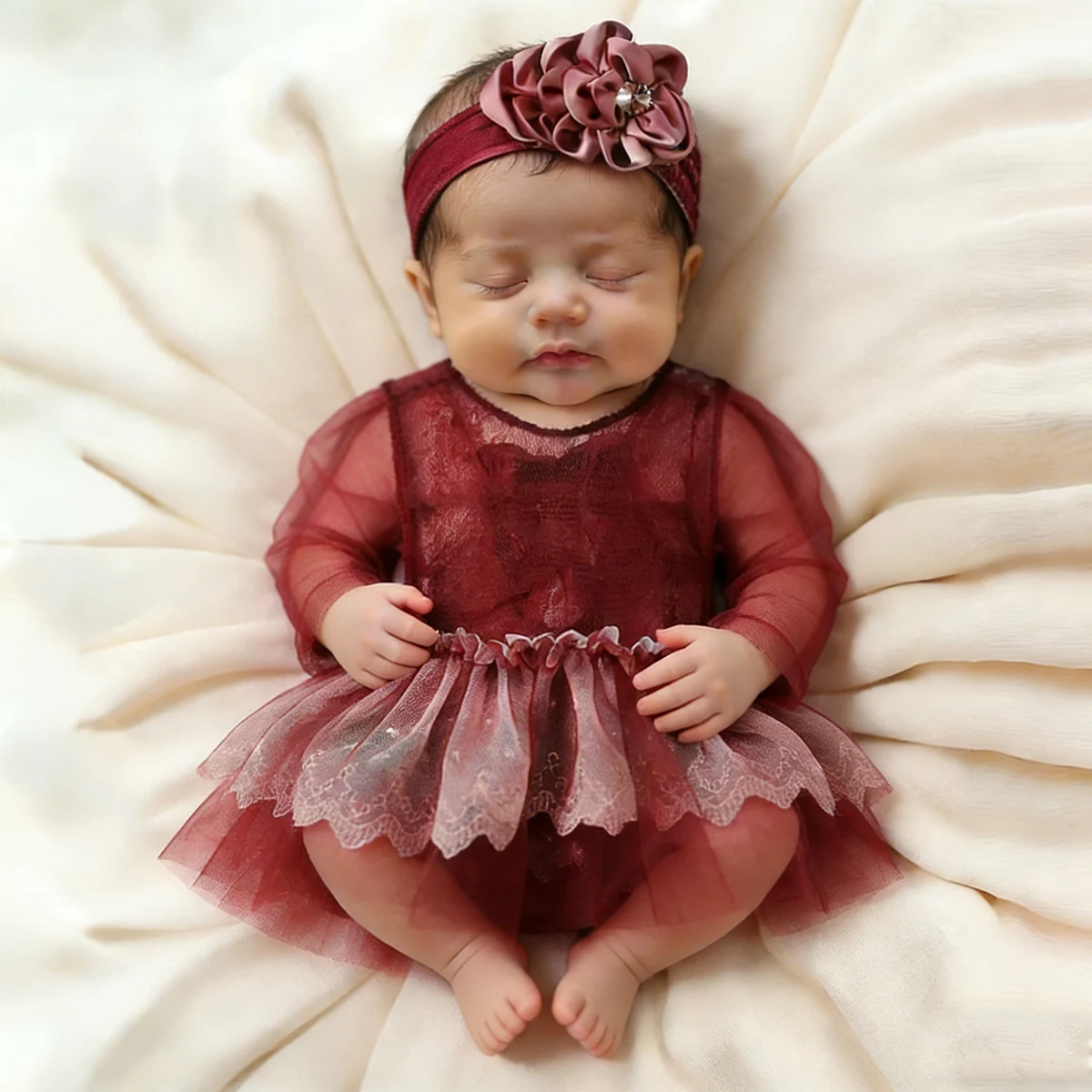 

Комплект для фотосессии новорожденных: винно-красный тюлевый комбинезон с длинными рукавами и цветочная повязка на голову для девочек, 1 месяц, 100 дней