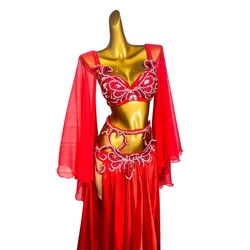 Belly Dance Dress, High-end Red Mesh, Rhinestone Hot Stamping, American Women's Adult Stage Professional Clothing