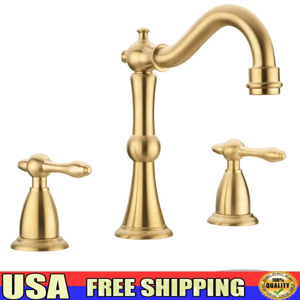 8-Inch Brushed Gold Bathroom Faucet Set with Pop-up Drain and cUPC Water Hoses Antique Style Double Handle Lavatory Sink