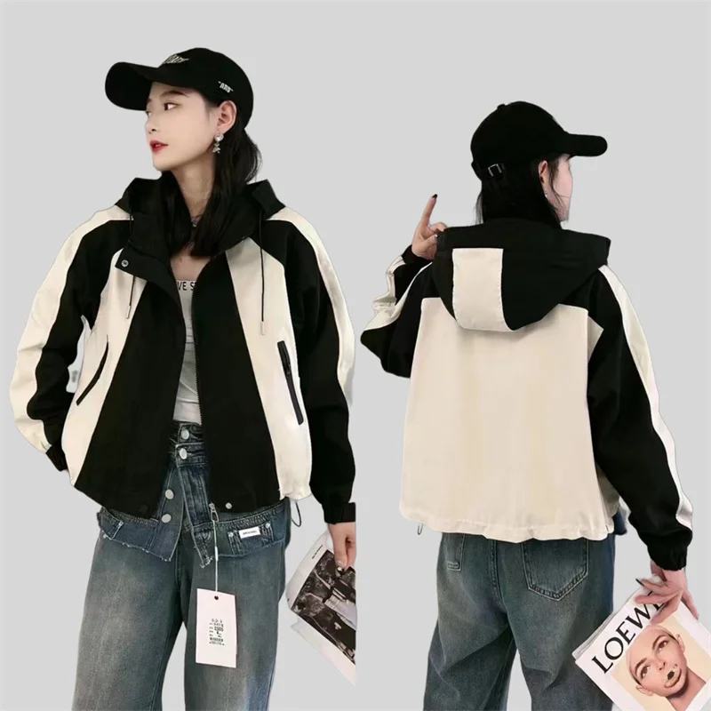 Spring Autumn Patchwork Casual Women's Loose Versatile Sunscreen Popular Outdoor Wear, High-end Korean Version, Handsome Hoodie