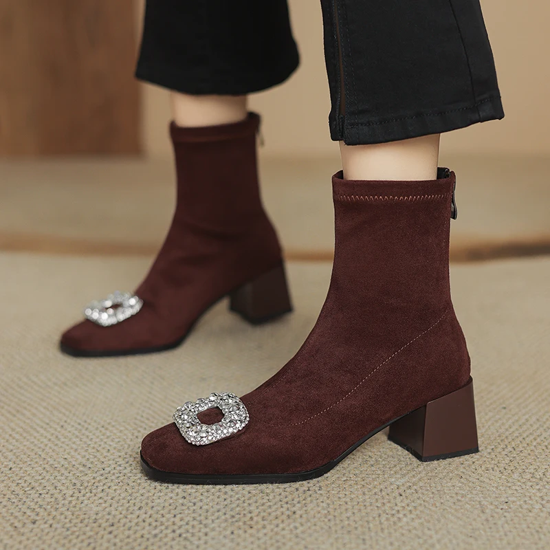 Woman Sock Ankle Boots Fashion Elegant Rhinestone Shoes Autumn Winter High Heels Back Zipper Women's Flock Stretch Short Booties