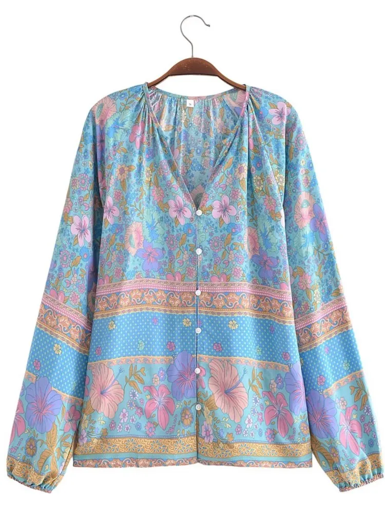 2023 BOHO V neck Flower Print Full Raglan Sleeve Shirt Holiday Women Single-Breasted Button Blouse Loose Beach Cape Tops