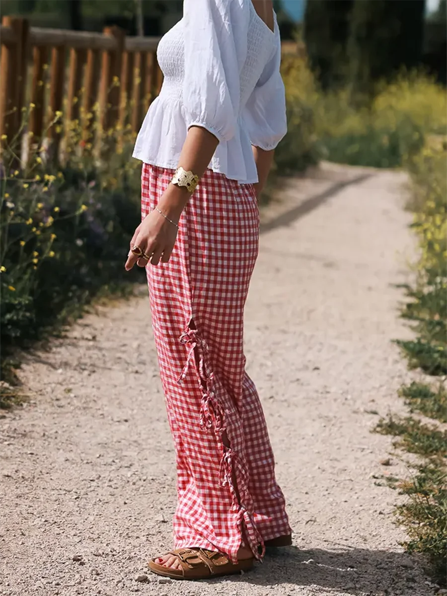 Pantalones a cuadros para mujer, pantalones de pierna ancha con cordones, pantalones de chándal informales, ropa de calle