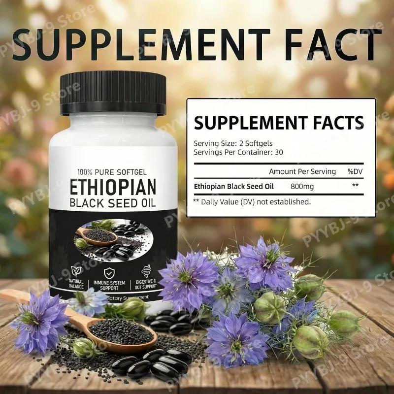 Ethiopian Black Seed Oil Softgels 800mg Cold Pressed Herbal Extract Capsules Daily Wellness Balance Support Non GMO 60 Count