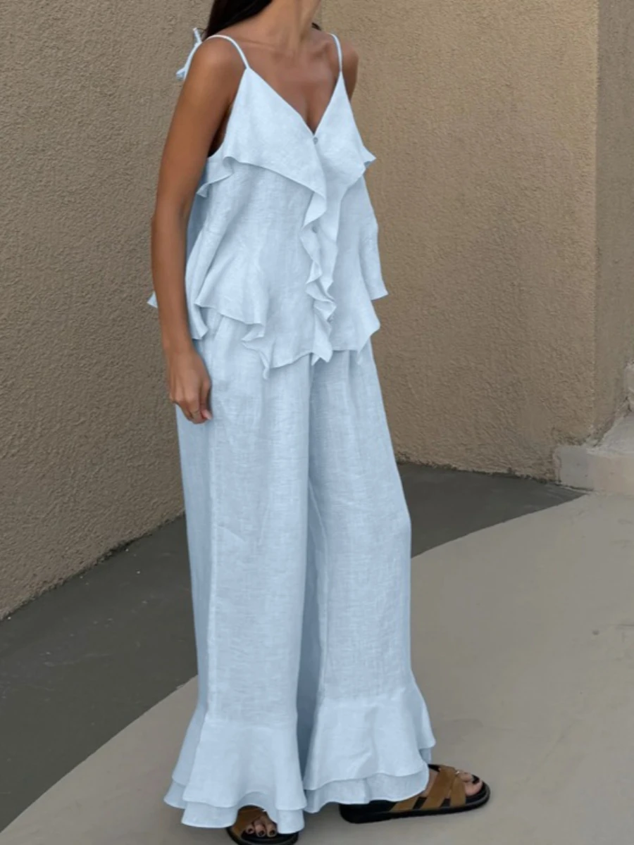

Llinar Women's Casual Set 2026 Summer Ruffled Spaghetti-Strap Sleeveless Backless Top and Loose-Fit Wide-Leg Pants Two-Piece Set