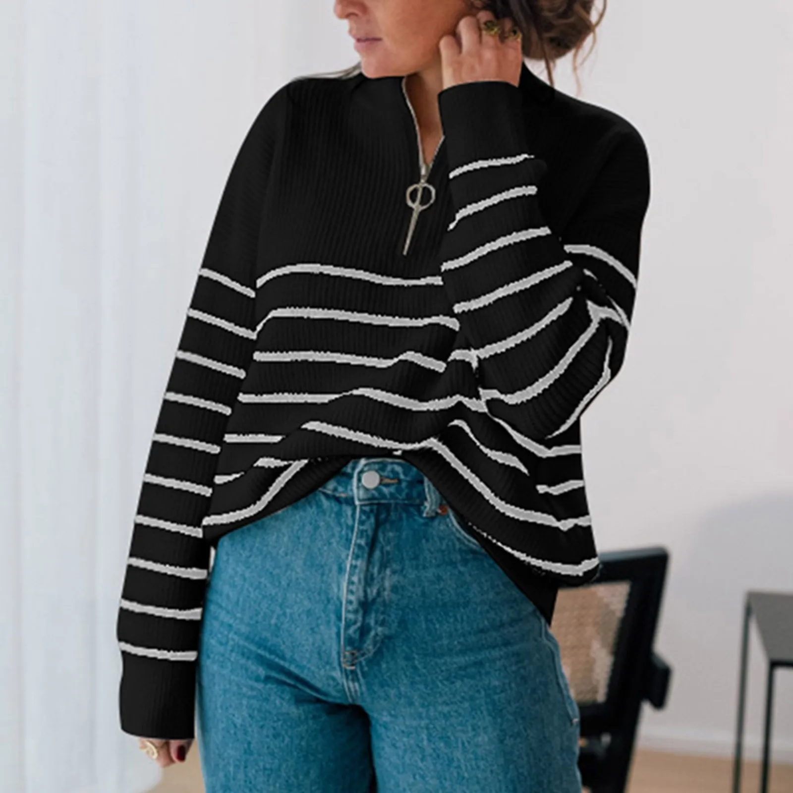

Sweater Tassel for Women Women Casual Stripe Sweater Pullover Turtleneck Sweater Loose Long Sleeve Zipper Wool Sweater for Women