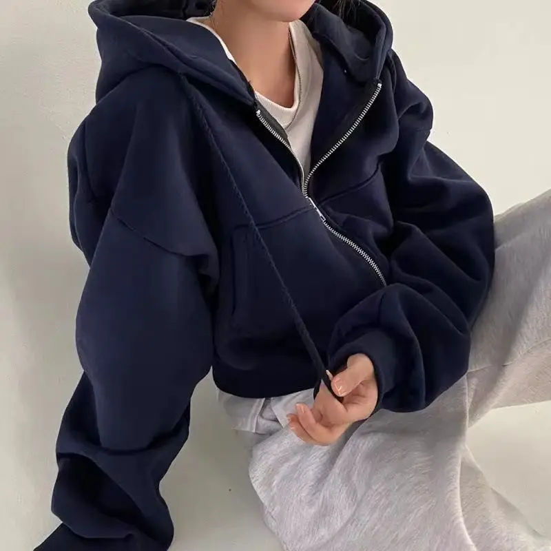 女性用フリース裏地付きクロップドジップフーディースリムフィットスウェットシャツ春秋暖かいスリムジャケット、滑らかなシルエット