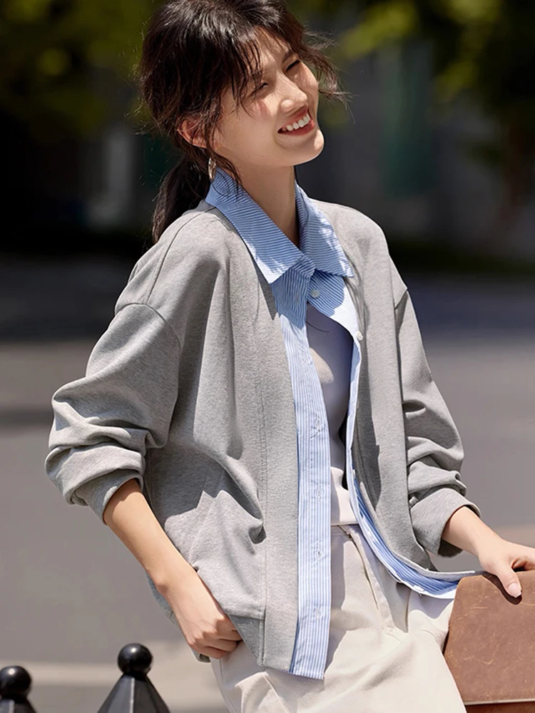 한국 슬레 스플라이스 니트 스웨터 여성용 가을 신상 고급 감각 안티에이징 오픈 가디건 다용도 여성 상의