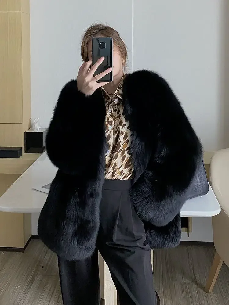 Large Size Imitation Fox Fur Coat for Women Warm and Thick Fake Fur Jacket Black Overcoat Korean Plush Fluffy Faux Fur Coat