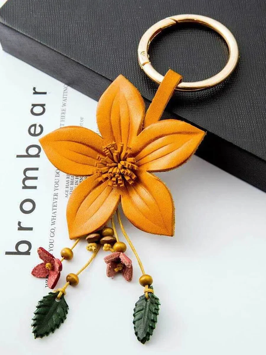 

Nordic Ins Creative Floral Cowhide Leather Bag Charm Keychain Handbag Decorative Accessories Top Layer Small Gifts Bag Pendant
