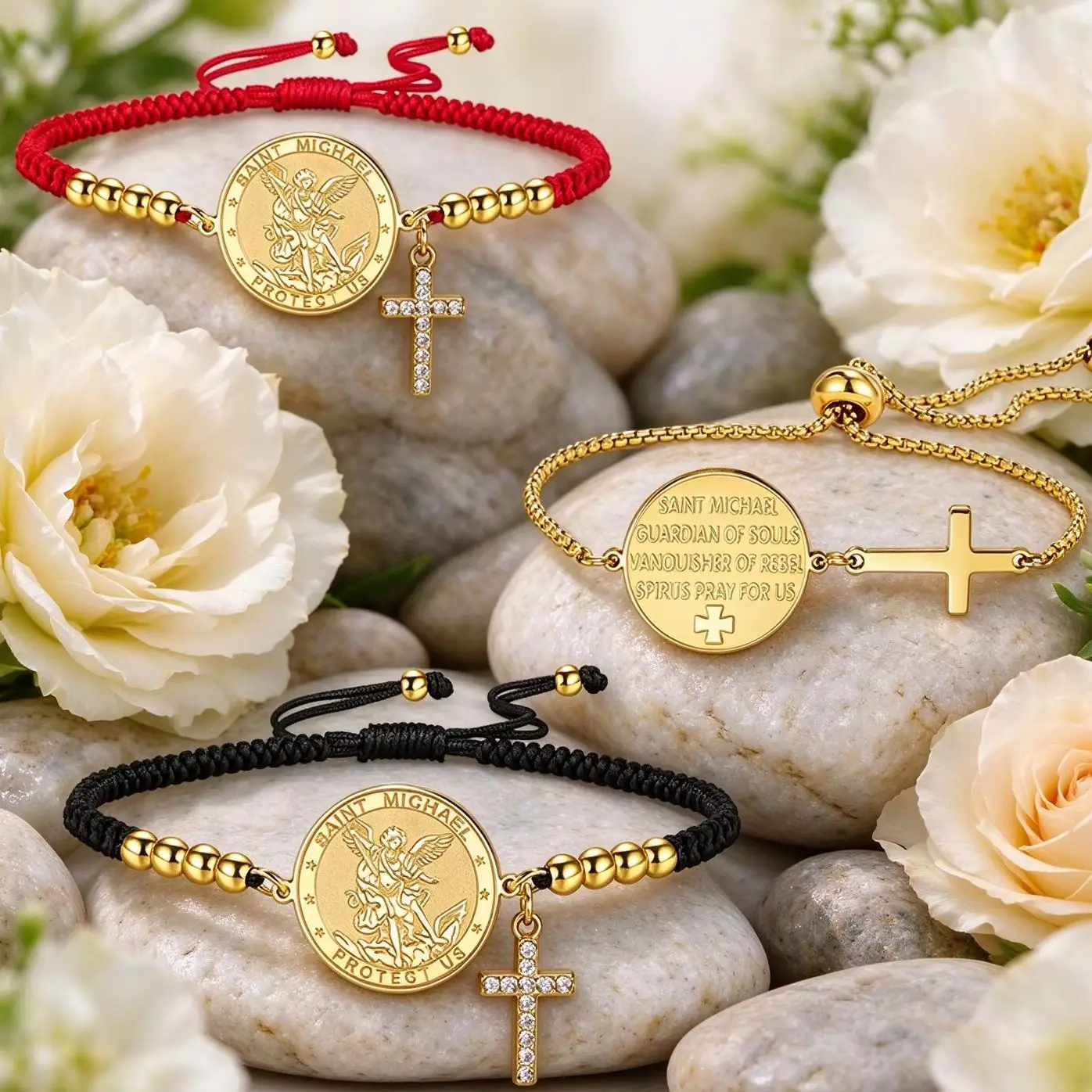 Lucktune Saint Michael With Zircon Cross Charm Bracelet Stainless Steel Religious Archangel Michael Bracelet For Women Jewelry
