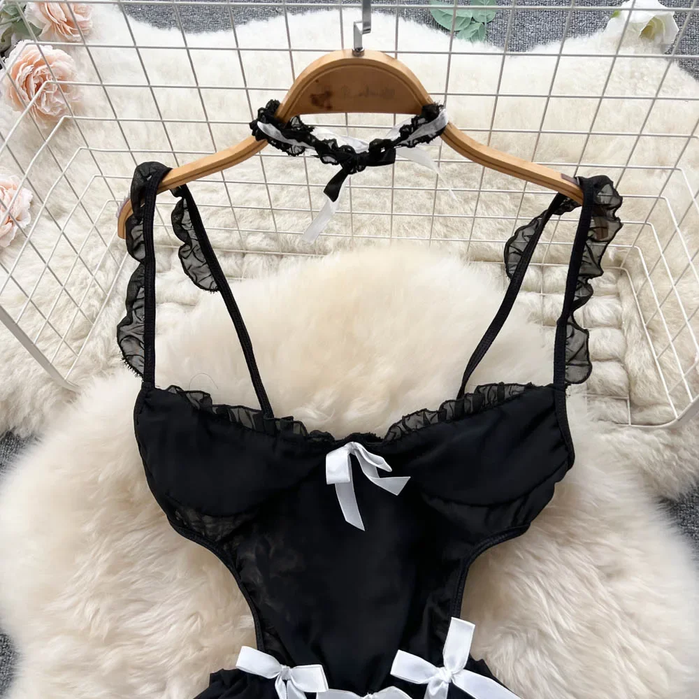 Women Erotic Uniform Sensual Night Dress Fashion Camis Lace Spliced A-line Nightwear Female Maid Slim Sheer Pajamas