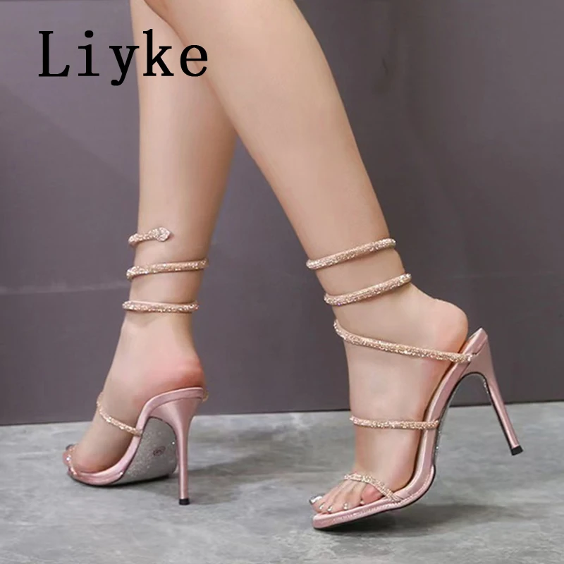 Liyke Sexy Snake Twine Around Ankle Strap Sandals Women Elegant Wedding Party Shoes Summer Open Toe Rhinestone High Heels Silver