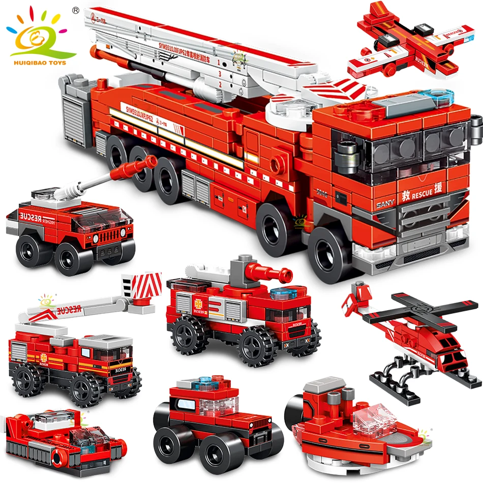 HUIQIBAO 327pcs 8in1 Fire Ladder Truck Building Blocks Firefighting Set Fireman Figure Bricks City Construction Toy for Children