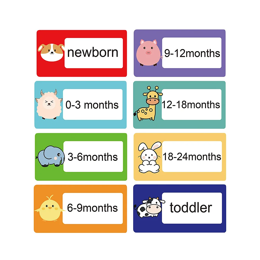 16 Pcs Nursery Clothes Drawer Labels 2X4 Inch Color Cute Animal Pattern Stickers 8 Design Baby Bin Organization Tags