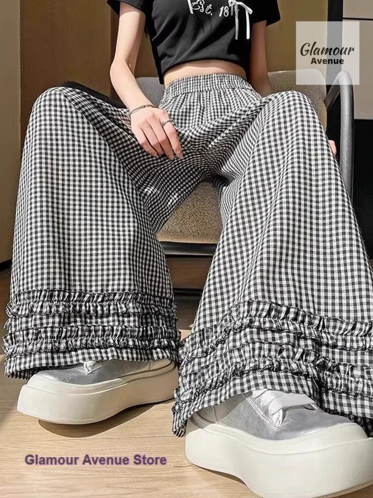 

Korean style design sense new wooden ear plaid wide-leg pants women's summer thin fashion niche Joker pleated casual pants